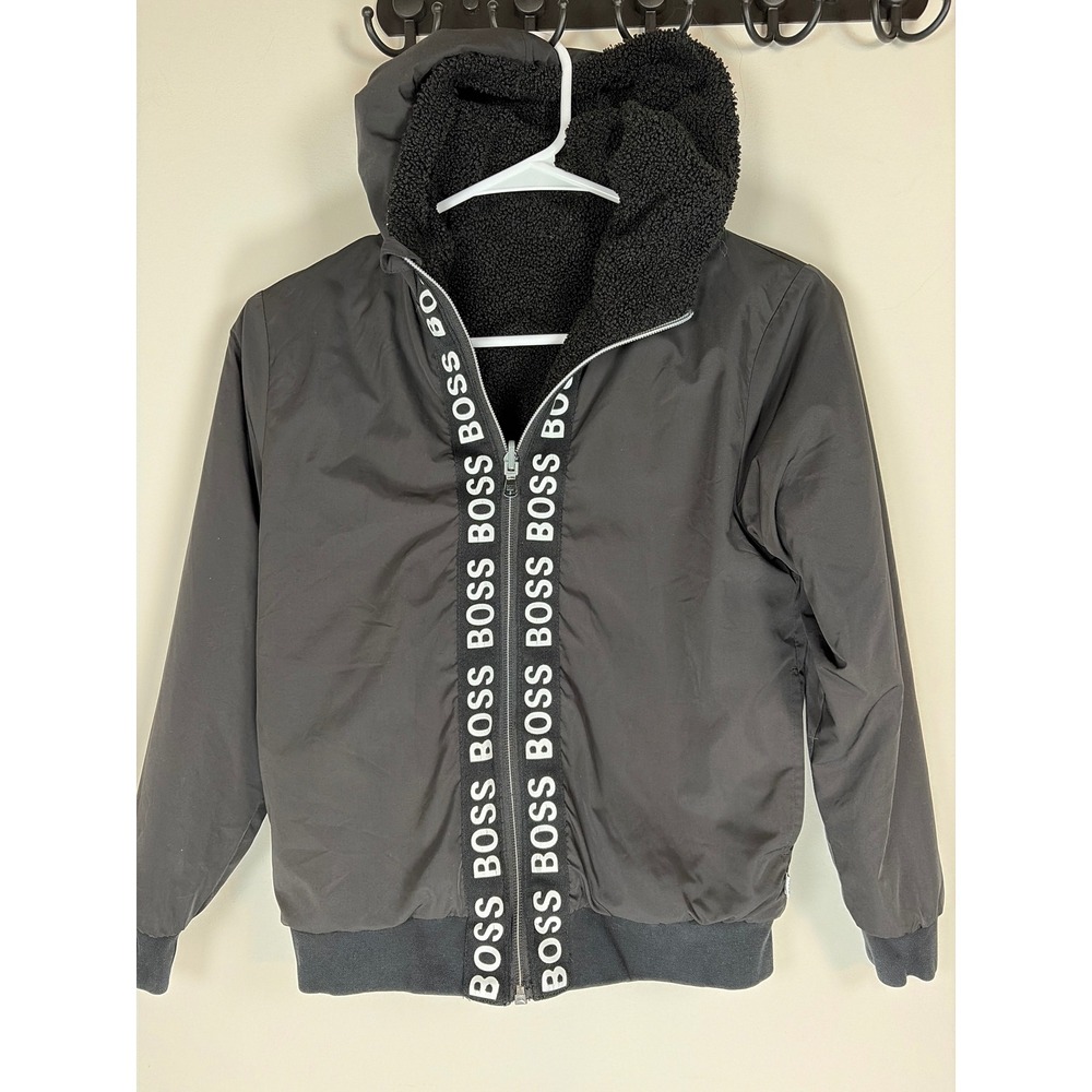 Hugo Boss Reversible Hooded Jacket Black Sherpa Fleece Logo Tape  10-138
